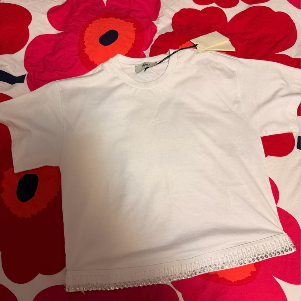 Fendi White Cotton T-Shirt with crystals